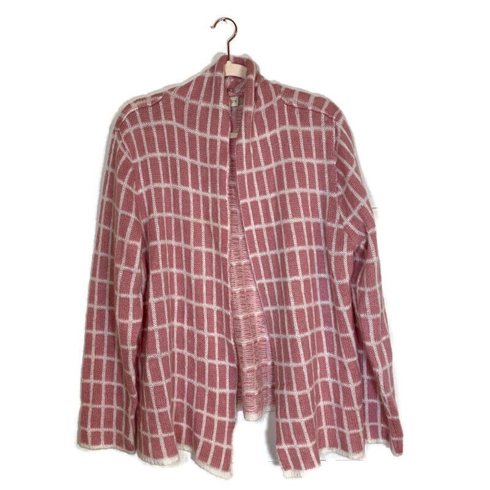 Appleseeds Open Front Cardigan Sz L Pink Cream Check Mohair Blend Granny Coastal